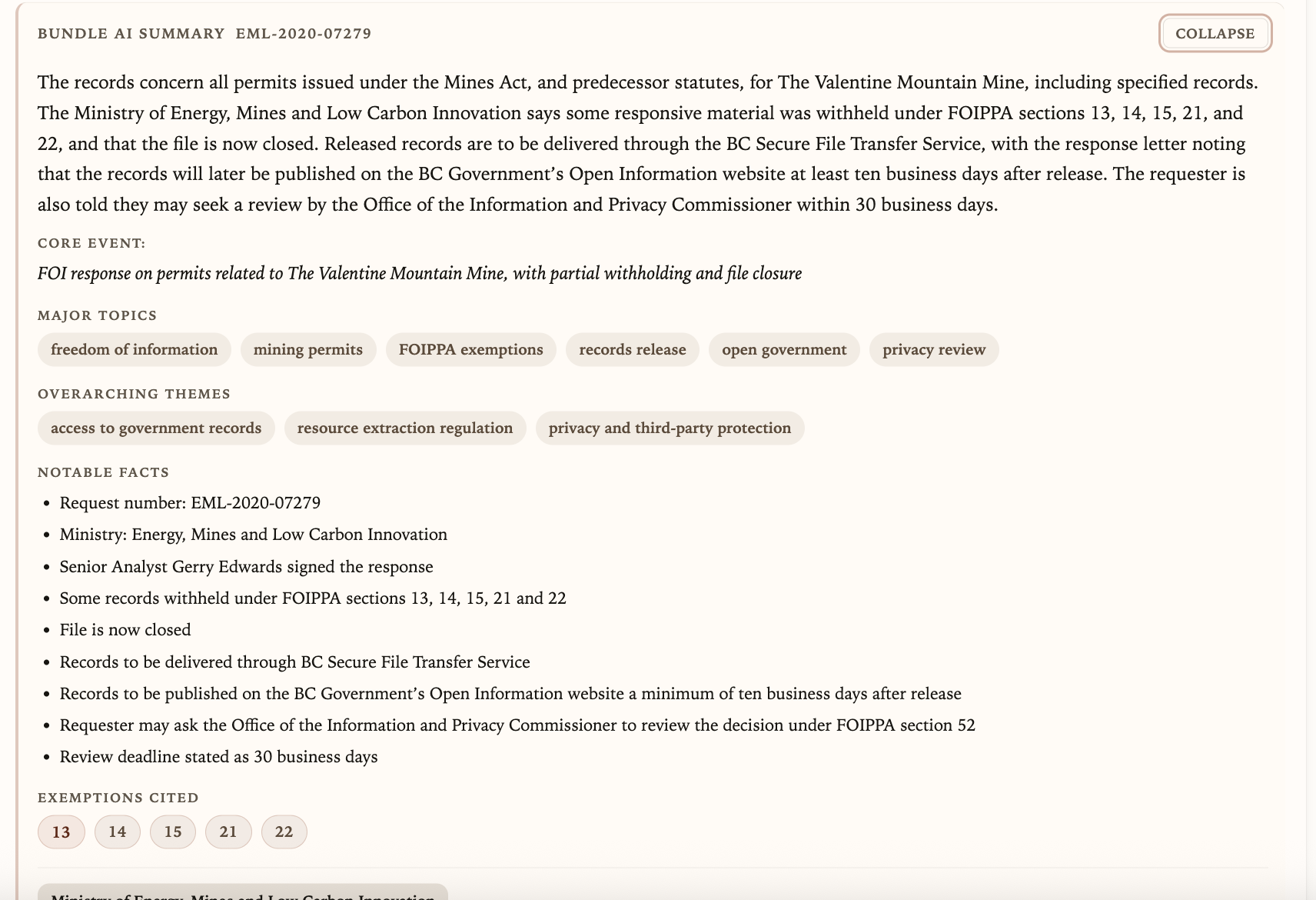 Static screenshot of a document bundle summary panel for FOI request EML-2020-07279