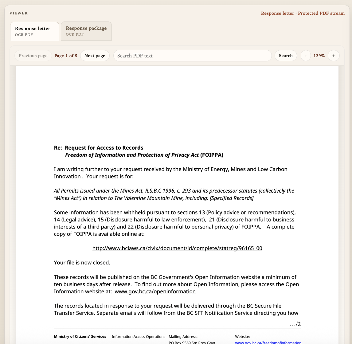 Static screenshot of the document viewer displaying an official FOIPPA response package with page navigation and zoom controls